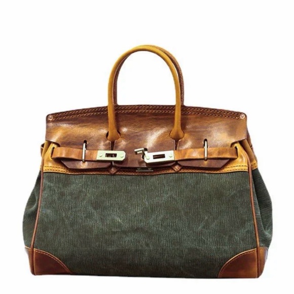 Atorie Old Urban Women's Tan Leather and Green Canvas Bag - Picture 11 of 16